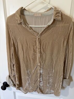 CP Shades Velvet Button-Front Shirt Jacket in Light Tan